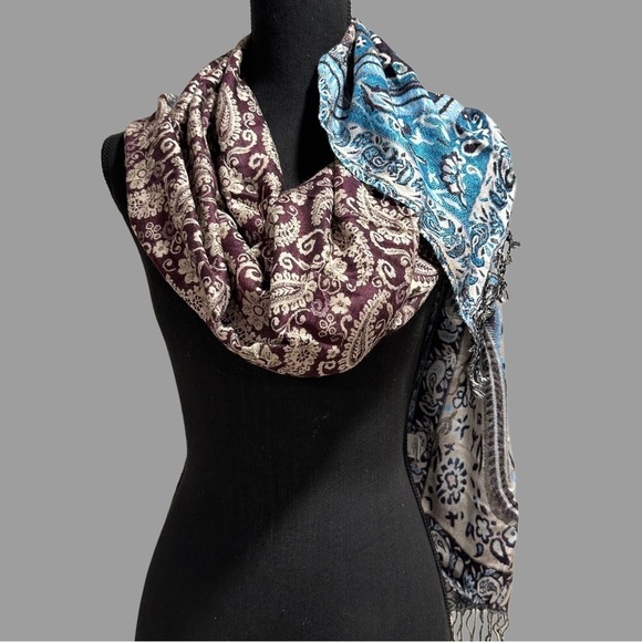 Elegant Shawl Purple & Blue Paisley -Versatile Wrap, Scarf, or Veil Soft Rayon - Picture 1 of 14